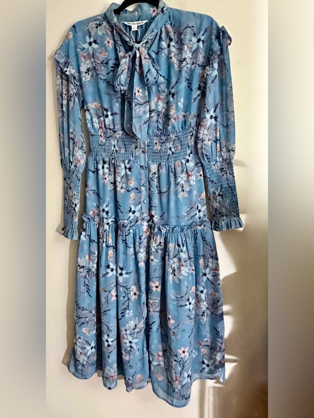 NWOT Walter Baker Blue Floral Smocked Waist Long Sleeve Dress